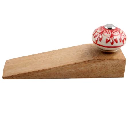 Red Zinnia Flower Ceramic Wooden Door Stopper